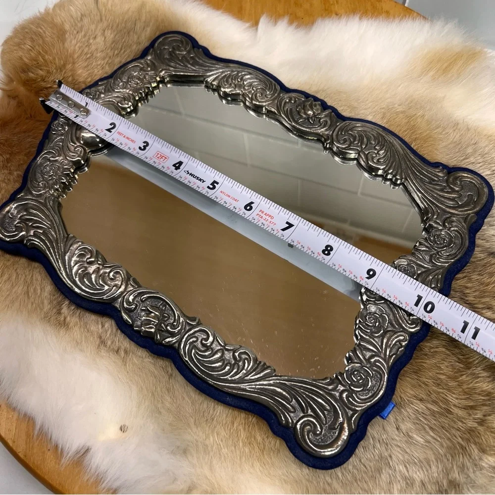 Vintage Victorian Style Repousse Ornate Silver Plated Mirror Frame Velvet Back